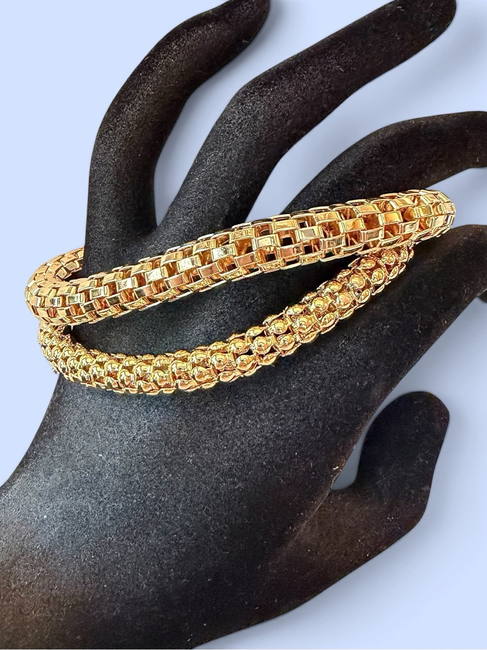 Vintage Gold Tone Magnetic Clasp Mesh Chain Bracelets Set of Two
